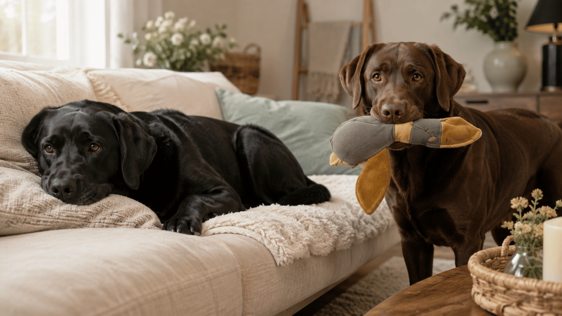 Lederspielzeug Ente für Hunde mit zwei Labradoren